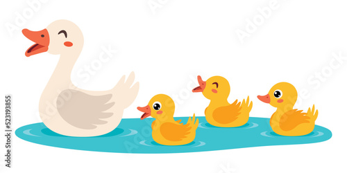 Cartoon Illustration Of Mother And Baby Gooses