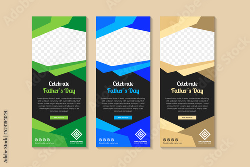 celebrate fathers day roll up banner design layout. Vertical banner design template. space for photo and text. polygonal style with three colors selected are green, blue and brown. black background.