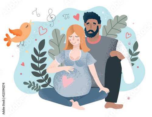 A ginger lady practices yoga with her husband in a childbirth preparation course. Vector illustration for advertising and web materials