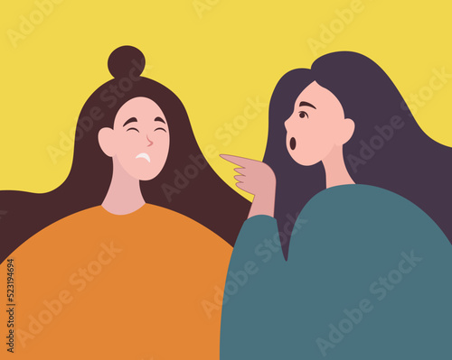 Sad, depressed woman, hand pointing a finger at her. Social harassment and blaming concept. Accusation and boycott, make fun of woman. Vector illustration, flat design, cartoon style. quarrel