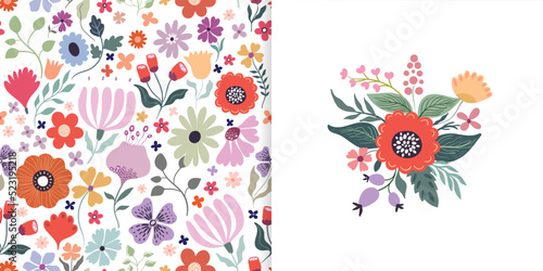 Floral set with beautiful seamless pattern, different flowers and simple card with flowers bouquet