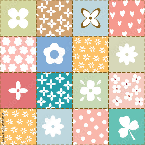 Simple doodle seamless pattern Hand drawn pastel square fabric scraps with various baby elements