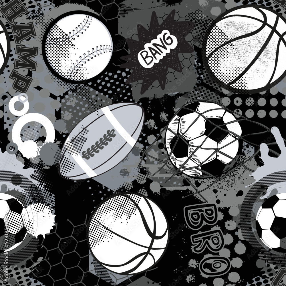 Seamless sport pattern with balls. Repeated backdrop for fashion clothes, t shirt, child, paper. Creative grunge design isolated on white