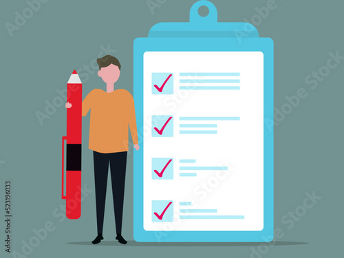 Man and clipboard with check list. Vector illustration