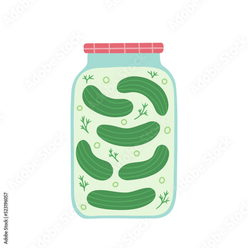 Pickled cucumbers in a jar. Vector Illustration for printing, backgrounds, covers, packaging, greeting cards, posters, stickers, textile and seasonal design. Isolated on white background.