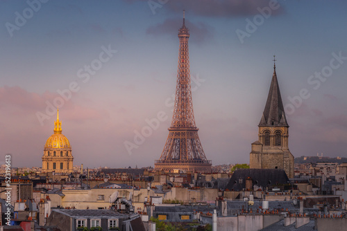 Eiffel tower view from Montparnasse at sunset from above, Paris, France