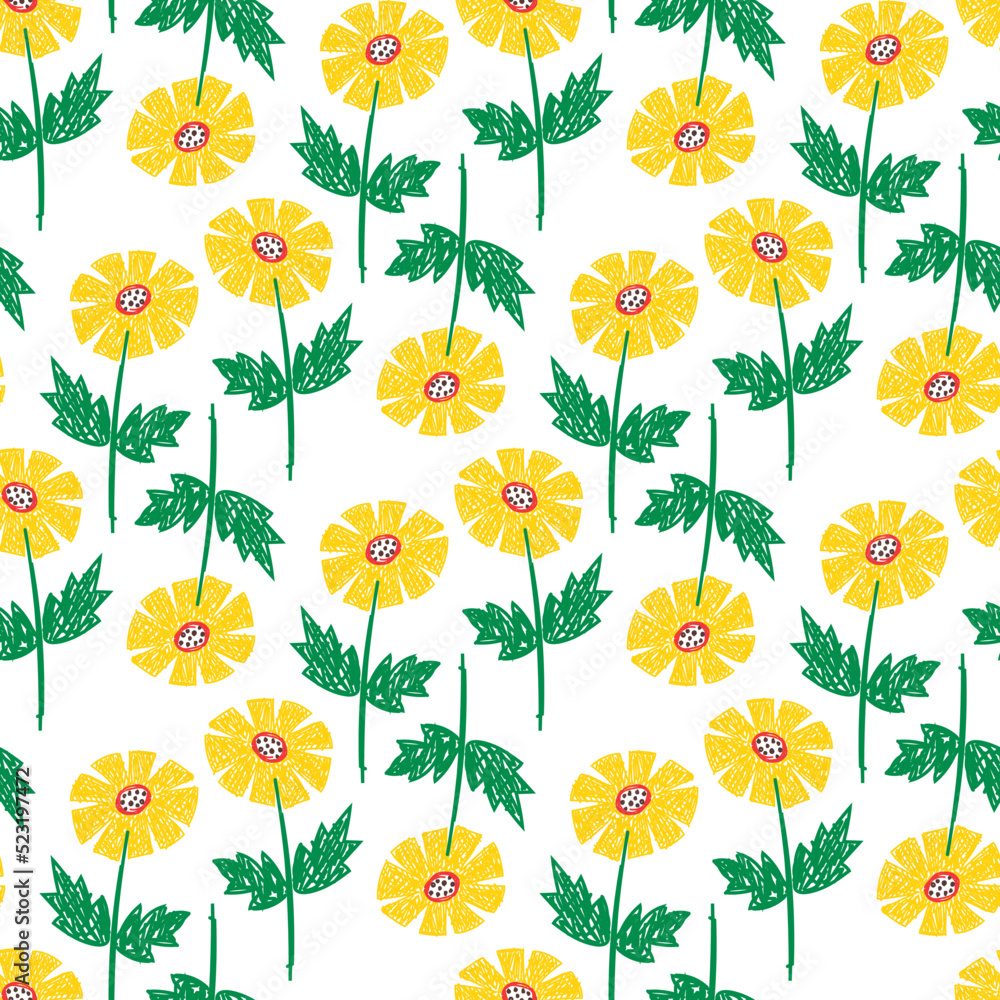 Sunflowers seamless pattern. Field of abstract yellow flowers. Drawing in the style of a children's doodle. doodles are drawn by a child's hand with colored pencils. Childish primitive doodle