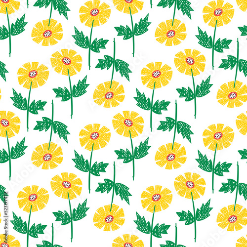 Sunflowers seamless pattern. Field of abstract yellow flowers. Drawing in the style of a children's doodle. doodles are drawn by a child's hand with colored pencils. Childish primitive doodle