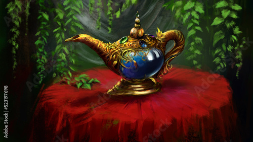 Genie's magic lamp, it is expensively decorated with gold and precious stones. Digital drawing style, 2D illustration