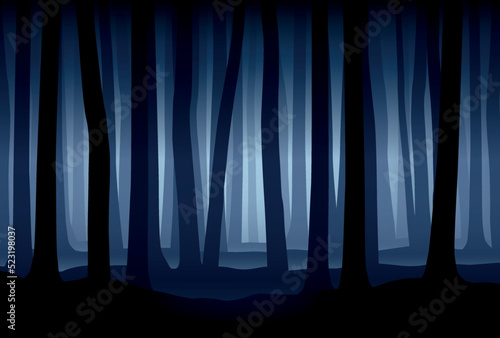 Vector mysterious scary misty dark forest landscape with silhouettes of trees