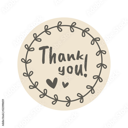 Thank you lettering with doodle floral frame. Vector label with hand drawn circle frame.