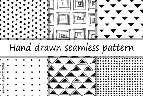 Hand drawn seamless pattern with dots, triangles, squares. Collection of abstract vector background