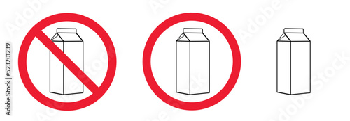 No milk sign or logo. For gluten and dairy free product. Vector pack of milk pictogram. Not allow milk. Lactose intolerance allergy concept warning. Carton package. Food symbol. Healthy meal.