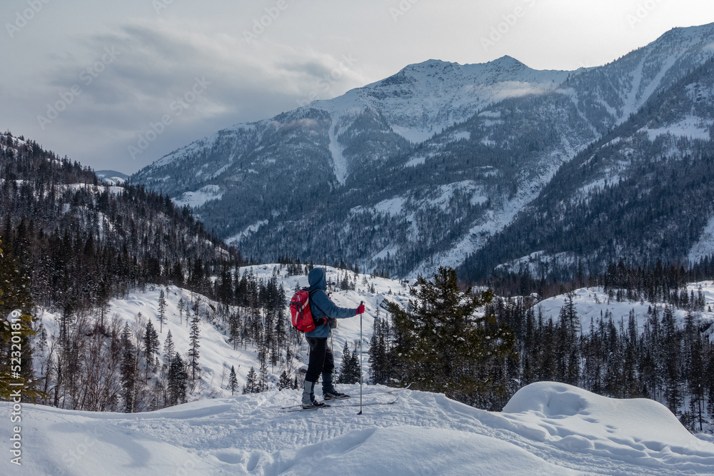 The skier stands on the top of the hill and admires the mountain landscape