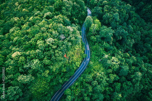 Aerial view of a road in the middle of the forest , road curve construction up to mountain