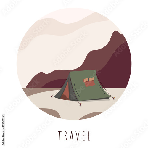 Tourist tent on the background of mountains. Camping, traveling, trips, hiking, travel concept. Flat vector illustration for logo, poster, banner, advertising, cover, card. 