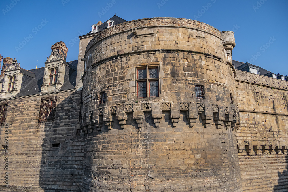 Architectural detail of Castle of Dukes of Brittany (Chateau des ducs de Bretagne). Castle was residence of Dukes of Brittany between XIII and XIV centuries. Nantes, Loire-Atlantique, France.