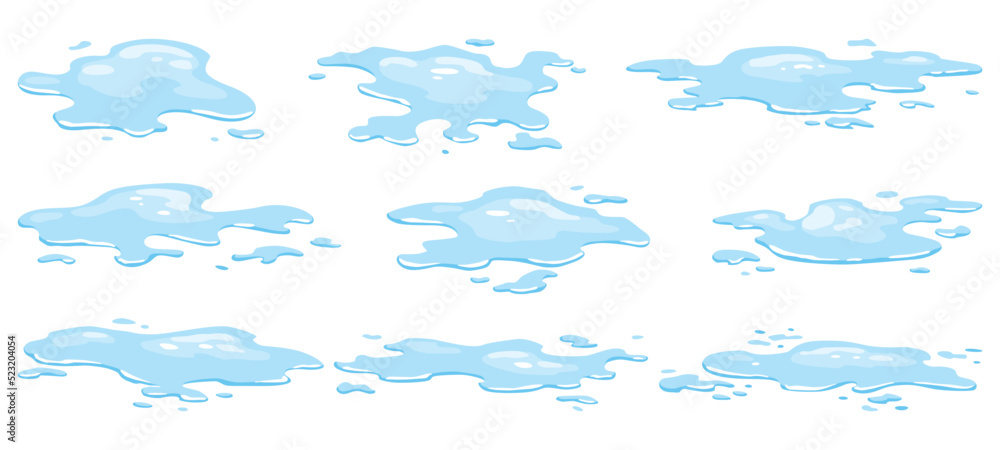 Water spill puddles set. Blue liquid various shape in flat cartoon style. Vector fluid design element isolted on white background