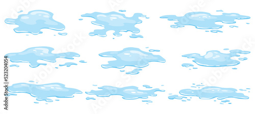 Water spill puddles set. Blue liquid various shape in flat cartoon style. Vector fluid design element isolted on white background