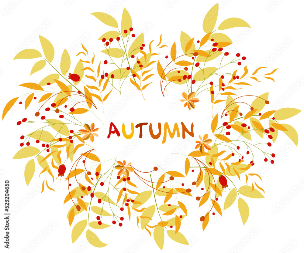 Leaves and berries. The inscription autumn in an oval frame. Autumn collection. Leaves and berries. The inscription autumn in an oval frame. Autumn collection.