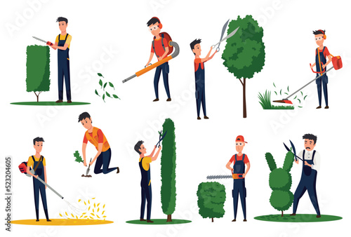 Professional gardeners with different tools and poses. Maintenance performing, plants and lawn care, pruning bush leaves. Man using garden machinery, equipment and tools