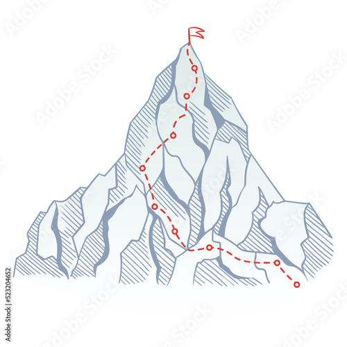 Mountain climbing route to top rock with red flag on peak. Business journey path in progress, way to success or concept of goal. Vector polygon dot connect line style