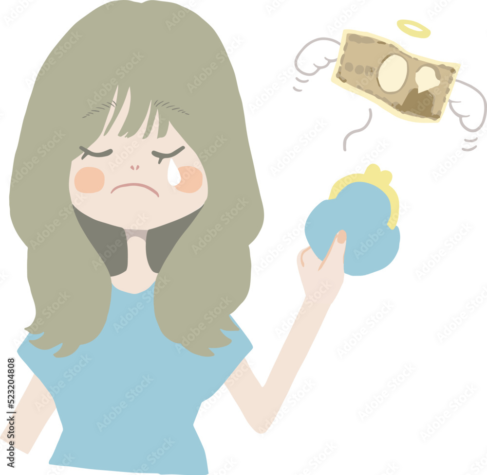 無駄遣いをしてしまって悲しい表情の女の子のイラスト（お財布バージョン）