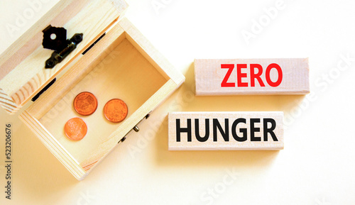Zero hunger symbol. Concept words Zero hunger on wooden blocks on a beautiful white table white background. Wooden chest with coins. Business, support and Zero hunger concept. Copy space.