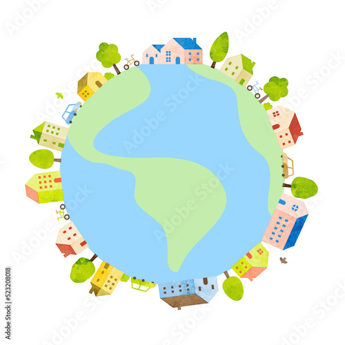 green planet earth; watercolor vector hand drawn houses illustration