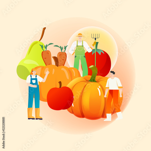 Farmer harvesting fruits in autumn, late autumn season landscape, vector illustration