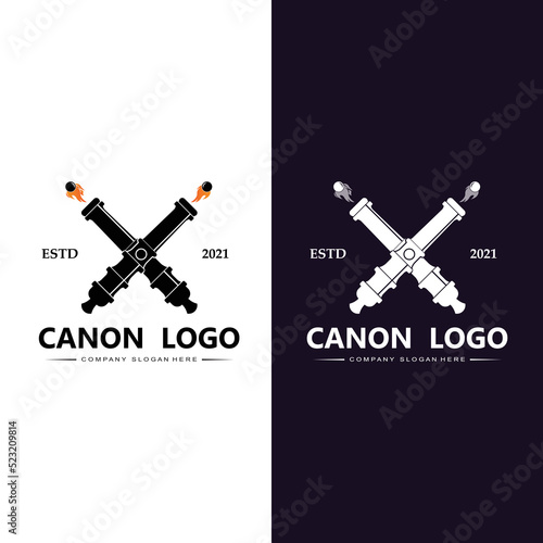 cannon logo vector icon, army war weapon, bomb, explosive device, royal guard, retro vintage