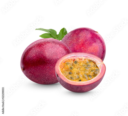 Passion fruit; Passiflora edulis with leaves isolated on white background