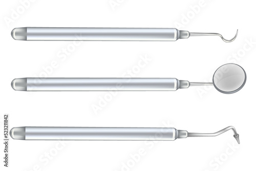 Realistic vector illustration Dental scale tool. Dental tools set isolated on white background., Sickle Probe, Mouth Mirror, Scaler.