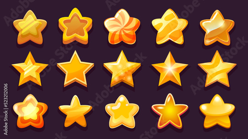 Game UI star. Golden bronze copper gaming win stars of various forms, 2D game asset of shining glossy achievement sign collection. Vector cute interface elements set