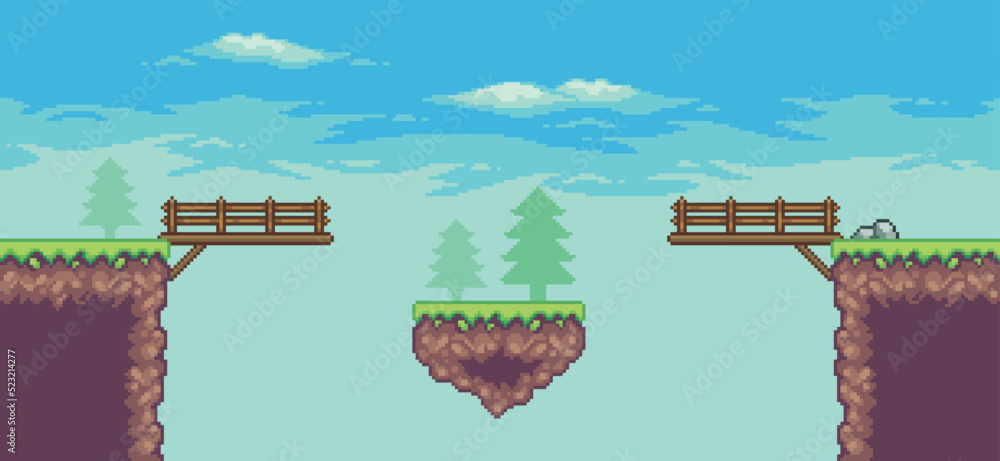 Pixel art arcade game scene with floating platform, bridge, trees ...