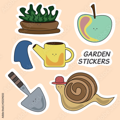 A set of garden stickers with inscriptions and emoticons: an apple, a snail in a red hat, a yellow watering can, a shovel with a wooden handle, and green plants in a brown rectangular pot. photo