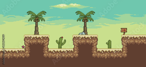 Pixel art desert game scene with palm tree, cactuses 8bit landscape background