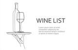 Wine list. Continuous line one drawing of hand holding dish with wine bottle with wineglass. Vector illustration.