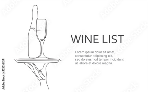 Wine list. Continuous line one drawing of hand holding dish with bottle and a glass drawn from the hand a picture of the silhouette. Line art. a bottle of champagne with a wine glass