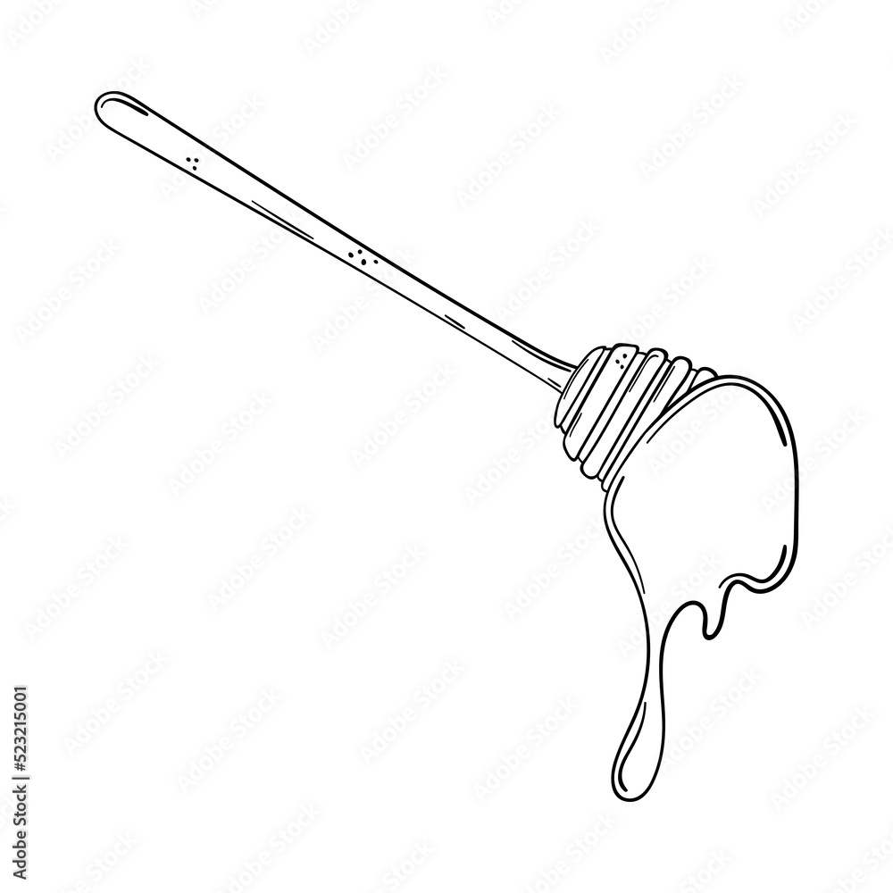 Hand drawn wooden honey dipper isolated on a white background. Doodle, simple outline illustration. It can be used for decoration of textile, paper. Hand drawn wooden honey dipper isolated on a white background. Doodle, simple outline illustration. It can be used for decoration of textile, paper.