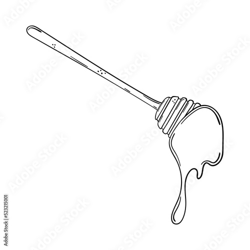 Hand drawn wooden honey dipper isolated on a white background. Doodle, simple outline illustration. It can be used for decoration of textile, paper.