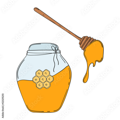 Hand drawn jar of honey and wooden honey dipper isolated on a white background. Doodle, simple outline illustration. It can be used for decoration of textile, paper.