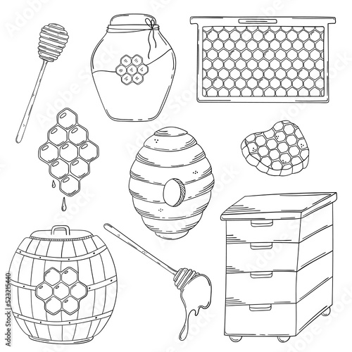 Set of hand drawn honey, beekeeping and apiary isolated on a white background. Doodle, simple outline illustration. It can be used for decoration of textile, paper.