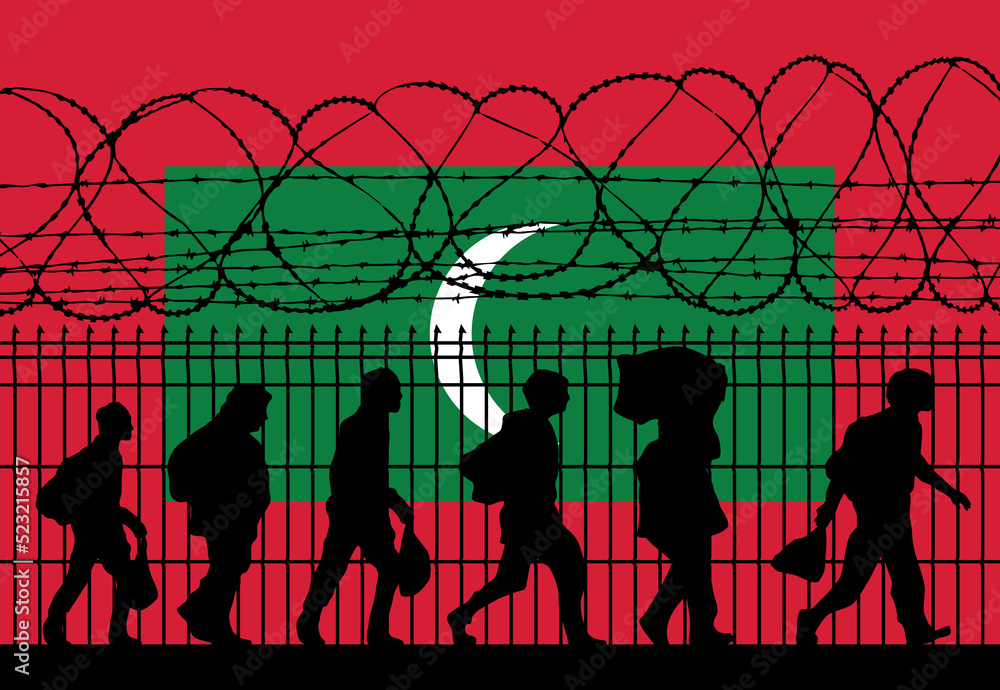 Flag of Maldives - Refugees near barbed wire fence. Migrants migrates to other countries. Flag of Maldives - Refugees near barbed wire fence. Migrants migrates to other countries.