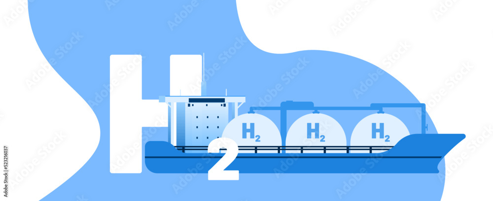Hydrogen ship and vector illustration concept. Big blue boat with big text H2. Template for website banner, advertising campaign or news article.