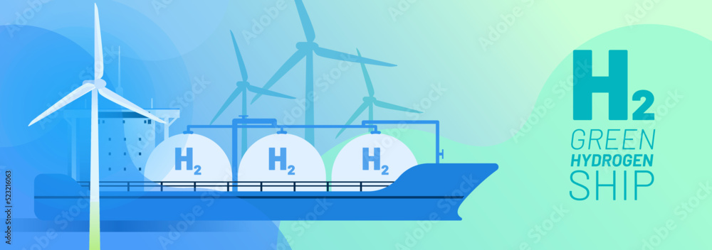 Green Hydrogen ship vector illustration concept. Alternative energy and fuel source. Wind turbine, text H2 and transport boat. Abstract background for website banner, advertising campaign or news