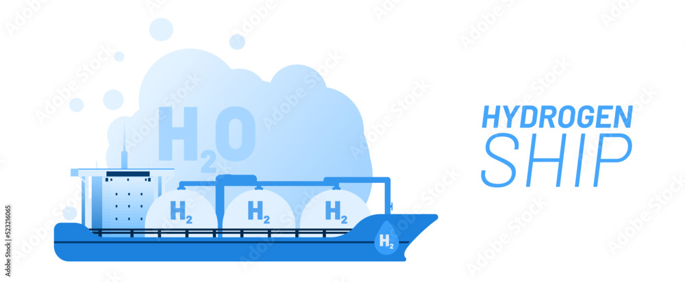 Hydrogen ship and green energy vector illustration concept. Big blue vehicle with text H2 on the side with harmless water emission. Template for website banner, advertising campaign or news article.