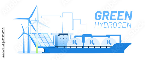 Hydrogen ship vector illustration concept. Alternative and renewable energy source. Wind turbine, solar panel and transport ship. Template for website banner, advertising campaign or news article.