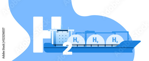 Hydrogen ship and vector illustration concept. Big blue boat with big text H2. Template for website banner, advertising campaign or news article.