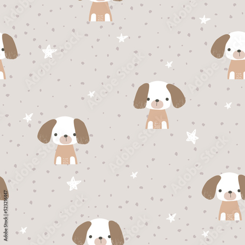 Cute little puppies seamless pattern. Kids cartoon print. Vector hand drawn illustration.